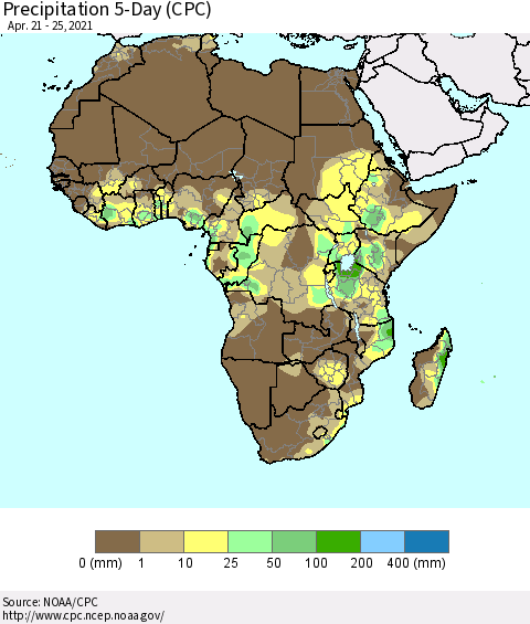 Africa Precipitation 5-Day (CPC) Thematic Map For 4/21/2021 - 4/25/2021