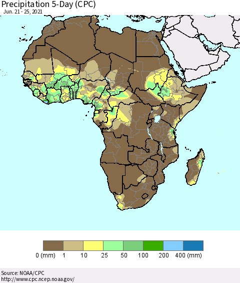 Africa Precipitation 5-Day (CPC) Thematic Map For 6/21/2021 - 6/25/2021