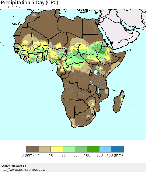 Africa Precipitation 5-Day (CPC) Thematic Map For 7/1/2021 - 7/5/2021