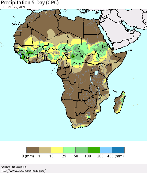 Africa Precipitation 5-Day (CPC) Thematic Map For 7/21/2021 - 7/25/2021