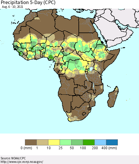 Africa Precipitation 5-Day (CPC) Thematic Map For 8/6/2021 - 8/10/2021