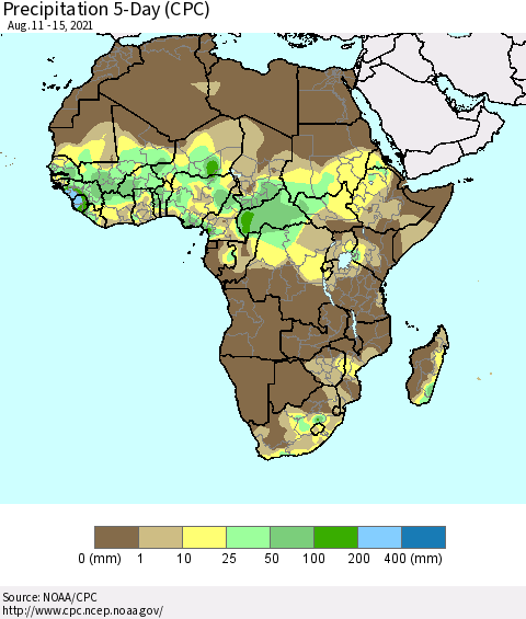 Africa Precipitation 5-Day (CPC) Thematic Map For 8/11/2021 - 8/15/2021