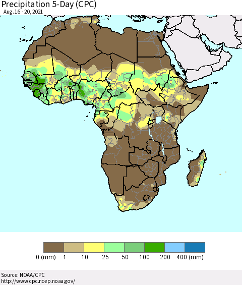 Africa Precipitation 5-Day (CPC) Thematic Map For 8/16/2021 - 8/20/2021