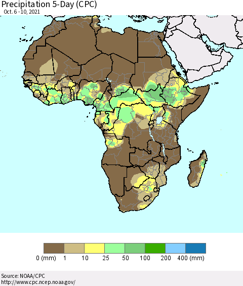 Africa Precipitation 5-Day (CPC) Thematic Map For 10/6/2021 - 10/10/2021