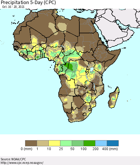 Africa Precipitation 5-Day (CPC) Thematic Map For 10/16/2021 - 10/20/2021