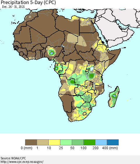 Africa Precipitation 5-Day (CPC) Thematic Map For 12/26/2021 - 12/31/2021