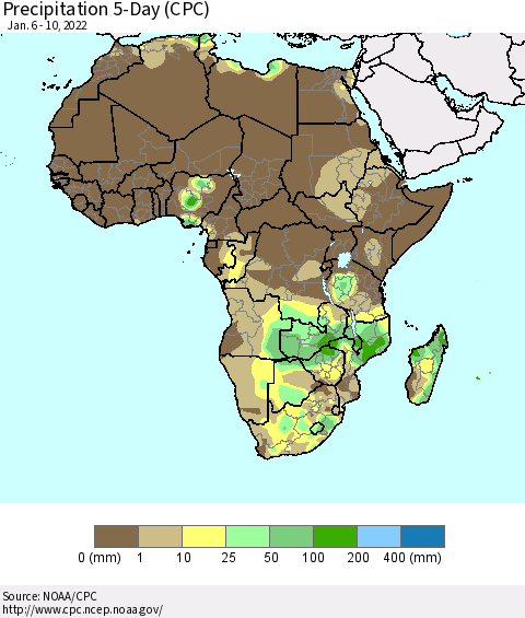 Africa Precipitation 5-Day (CPC) Thematic Map For 1/6/2022 - 1/10/2022