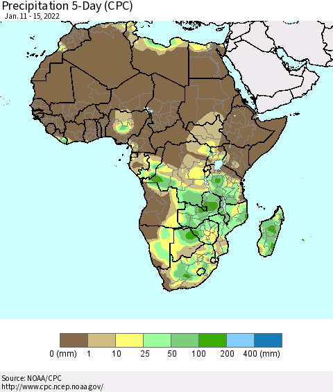 Africa Precipitation 5-Day (CPC) Thematic Map For 1/11/2022 - 1/15/2022