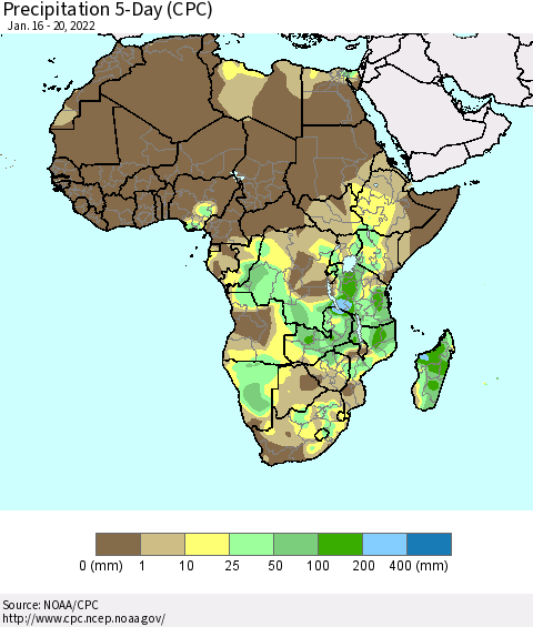 Africa Precipitation 5-Day (CPC) Thematic Map For 1/16/2022 - 1/20/2022