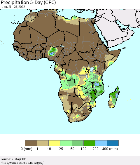 Africa Precipitation 5-Day (CPC) Thematic Map For 1/21/2022 - 1/25/2022