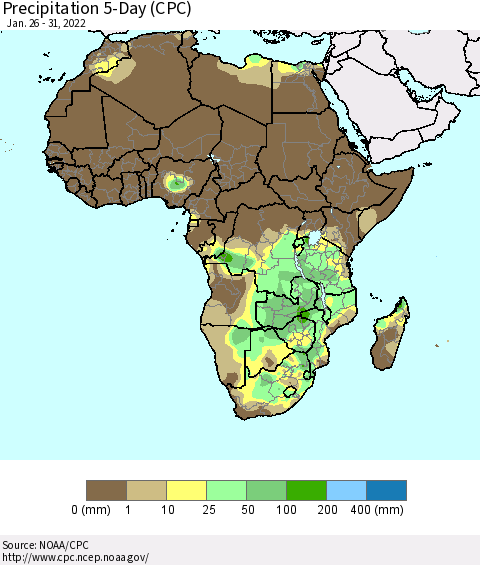 Africa Precipitation 5-Day (CPC) Thematic Map For 1/26/2022 - 1/31/2022