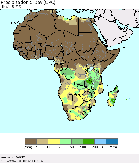 Africa Precipitation 5-Day (CPC) Thematic Map For 2/1/2022 - 2/5/2022