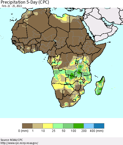 Africa Precipitation 5-Day (CPC) Thematic Map For 2/21/2022 - 2/25/2022