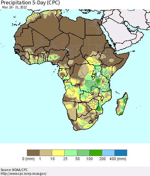 Africa Precipitation 5-Day (CPC) Thematic Map For 3/26/2022 - 3/31/2022