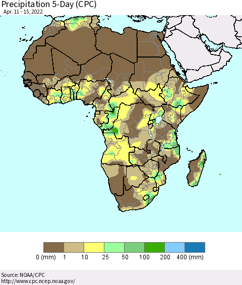 Africa Precipitation 5-Day (CPC) Thematic Map For 4/11/2022 - 4/15/2022