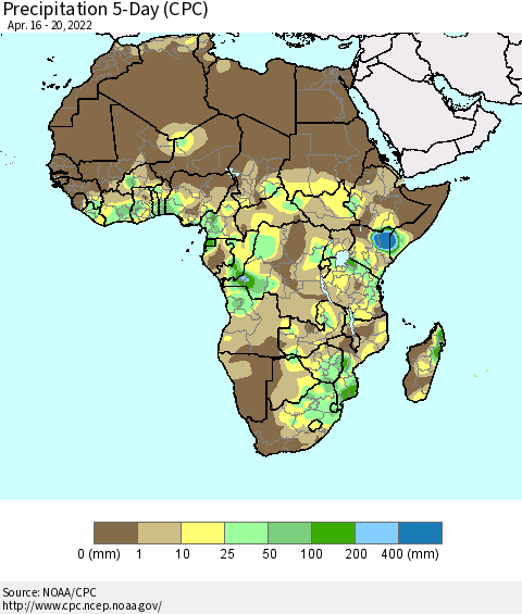 Africa Precipitation 5-Day (CPC) Thematic Map For 4/16/2022 - 4/20/2022