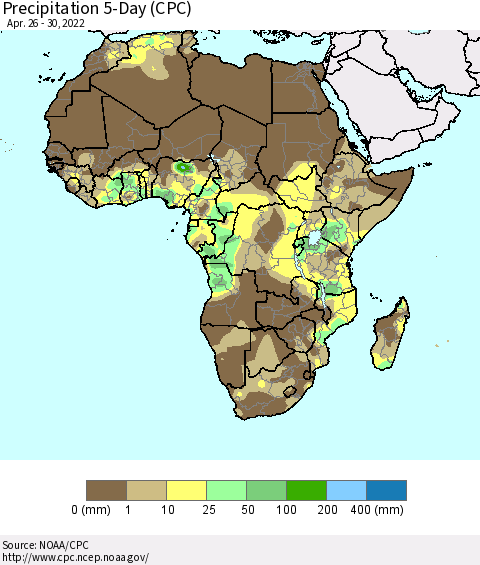 Africa Precipitation 5-Day (CPC) Thematic Map For 4/26/2022 - 4/30/2022