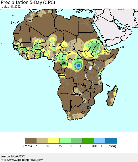 Africa Precipitation 5-Day (CPC) Thematic Map For 7/1/2022 - 7/5/2022
