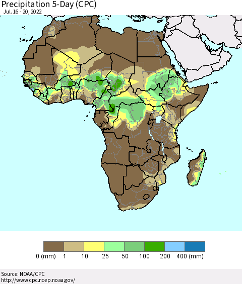 Africa Precipitation 5-Day (CPC) Thematic Map For 7/16/2022 - 7/20/2022