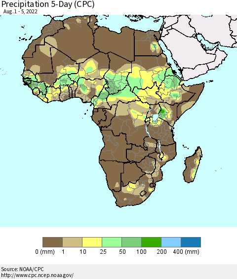Africa Precipitation 5-Day (CPC) Thematic Map For 8/1/2022 - 8/5/2022