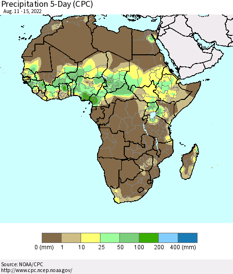 Africa Precipitation 5-Day (CPC) Thematic Map For 8/11/2022 - 8/15/2022