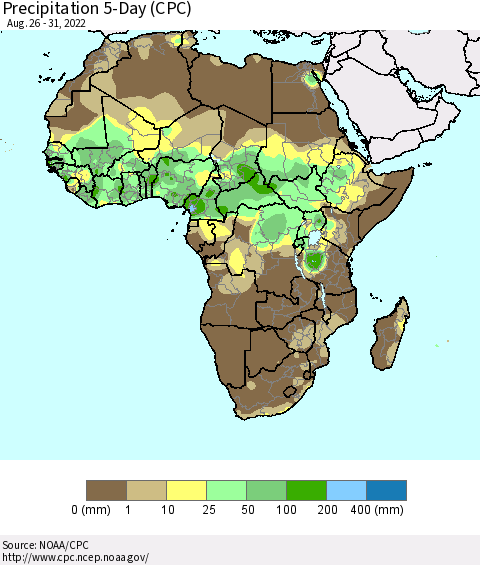 Africa Precipitation 5-Day (CPC) Thematic Map For 8/26/2022 - 8/31/2022