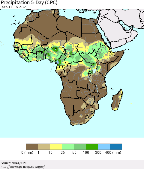 Africa Precipitation 5-Day (CPC) Thematic Map For 9/11/2022 - 9/15/2022