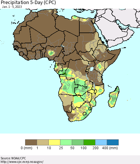 Africa Precipitation 5-Day (CPC) Thematic Map For 1/1/2023 - 1/5/2023