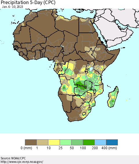 Africa Precipitation 5-Day (CPC) Thematic Map For 1/6/2023 - 1/10/2023