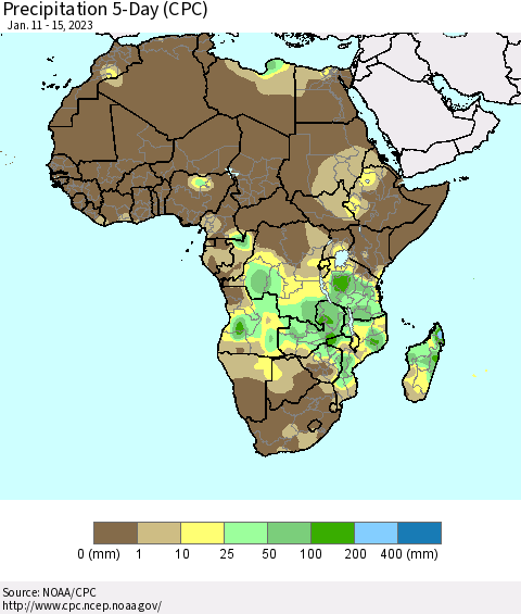 Africa Precipitation 5-Day (CPC) Thematic Map For 1/11/2023 - 1/15/2023