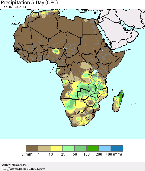 Africa Precipitation 5-Day (CPC) Thematic Map For 1/16/2023 - 1/20/2023