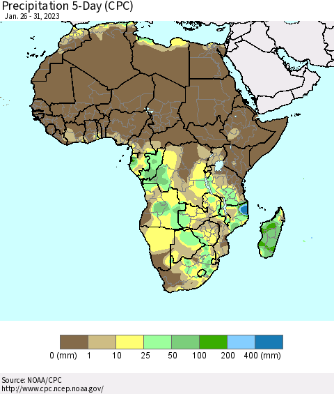 Africa Precipitation 5-Day (CPC) Thematic Map For 1/26/2023 - 1/31/2023
