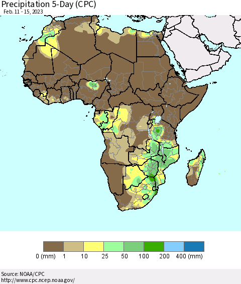 Africa Precipitation 5-Day (CPC) Thematic Map For 2/11/2023 - 2/15/2023