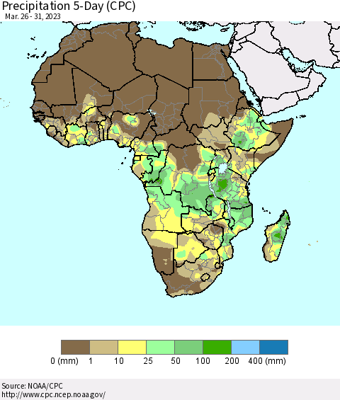 Africa Precipitation 5-Day (CPC) Thematic Map For 3/26/2023 - 3/31/2023