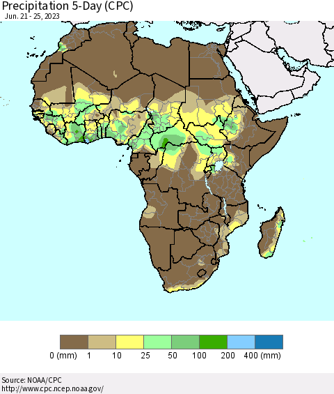 Africa Precipitation 5-Day (CPC) Thematic Map For 6/21/2023 - 6/25/2023