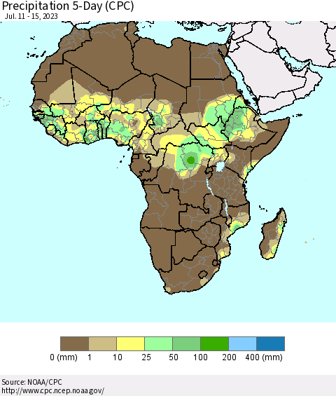 Africa Precipitation 5-Day (CPC) Thematic Map For 7/11/2023 - 7/15/2023
