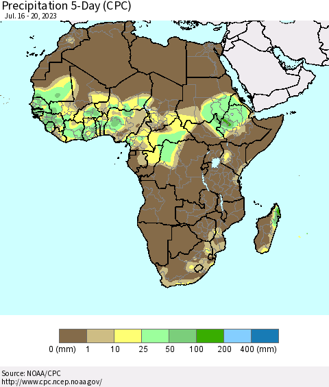 Africa Precipitation 5-Day (CPC) Thematic Map For 7/16/2023 - 7/20/2023