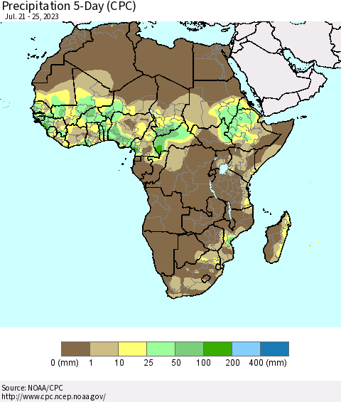 Africa Precipitation 5-Day (CPC) Thematic Map For 7/21/2023 - 7/25/2023