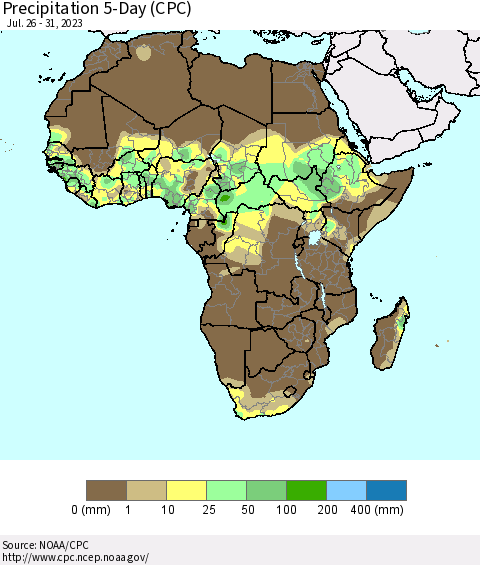 Africa Precipitation 5-Day (CPC) Thematic Map For 7/26/2023 - 7/31/2023