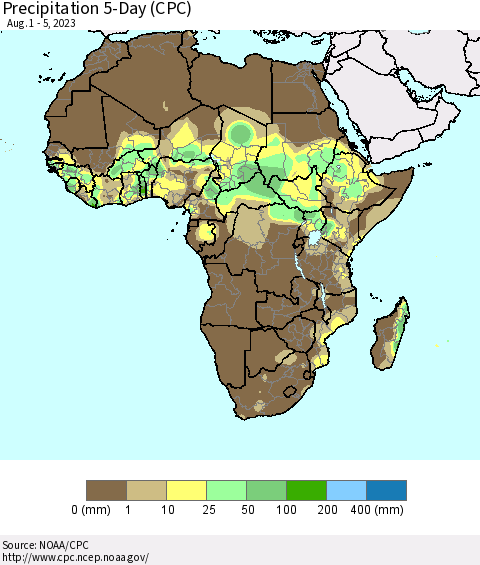 Africa Precipitation 5-Day (CPC) Thematic Map For 8/1/2023 - 8/5/2023