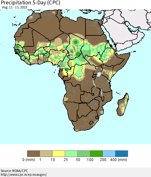 Africa Precipitation 5-Day (CPC) Thematic Map For 8/11/2023 - 8/15/2023