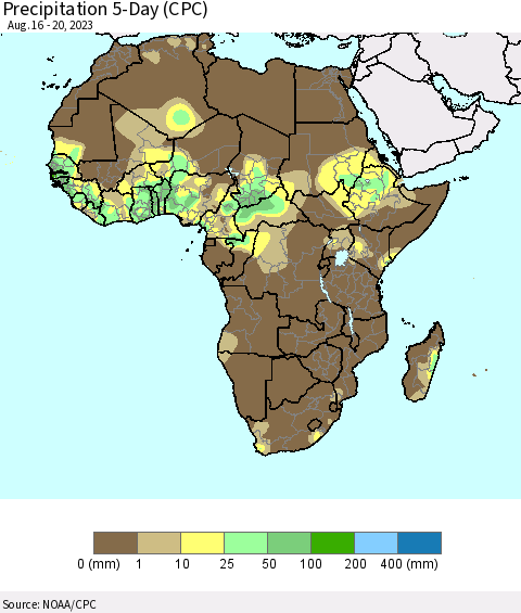 Africa Precipitation 5-Day (CPC) Thematic Map For 8/16/2023 - 8/20/2023