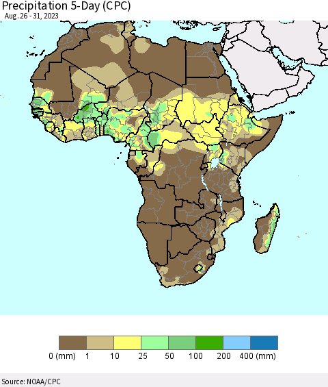 Africa Precipitation 5-Day (CPC) Thematic Map For 8/26/2023 - 8/31/2023