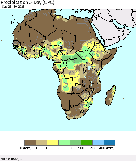 Africa Precipitation 5-Day (CPC) Thematic Map For 9/26/2023 - 9/30/2023