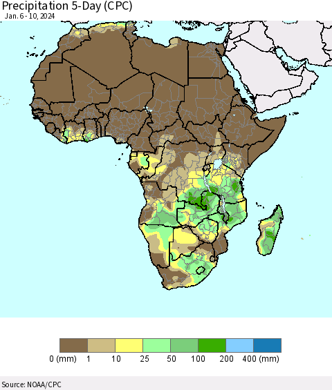 Africa Precipitation 5-Day (CPC) Thematic Map For 1/6/2024 - 1/10/2024
