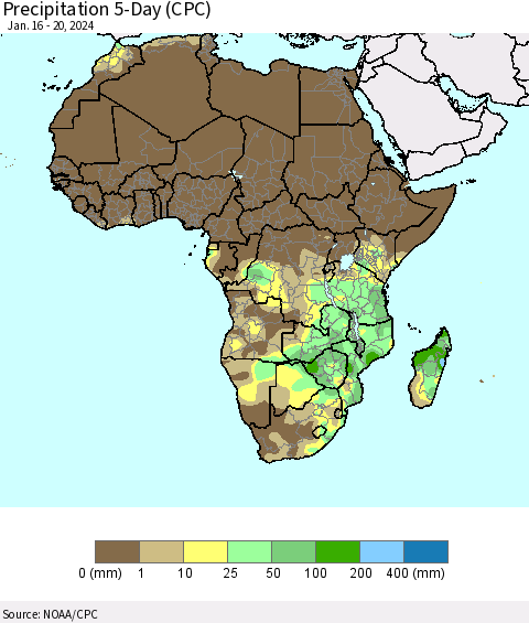 Africa Precipitation 5-Day (CPC) Thematic Map For 1/16/2024 - 1/20/2024