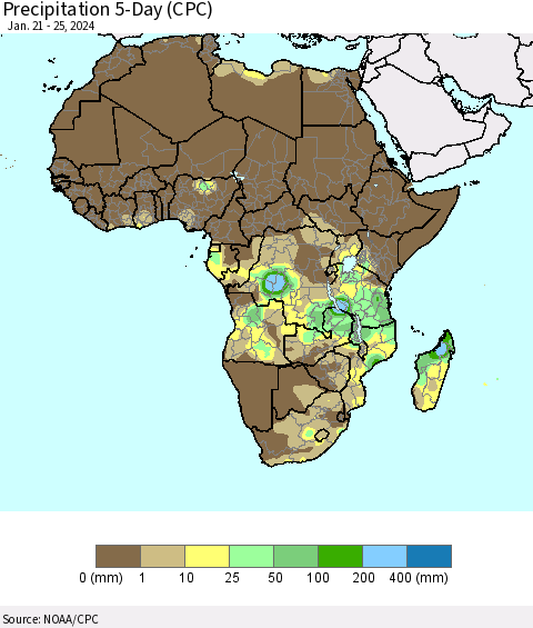 Africa Precipitation 5-Day (CPC) Thematic Map For 1/21/2024 - 1/25/2024