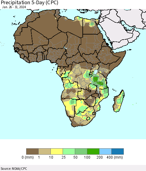 Africa Precipitation 5-Day (CPC) Thematic Map For 1/26/2024 - 1/31/2024
