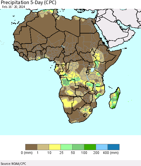 Africa Precipitation 5-Day (CPC) Thematic Map For 2/16/2024 - 2/20/2024