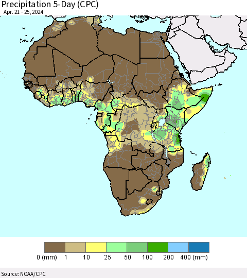 Africa Precipitation 5-Day (CPC) Thematic Map For 4/21/2024 - 4/25/2024